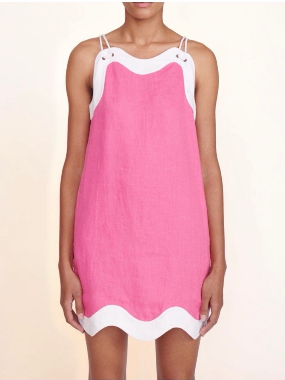 STAUD Pink and White Spaghetti Strap Scalloped Dress